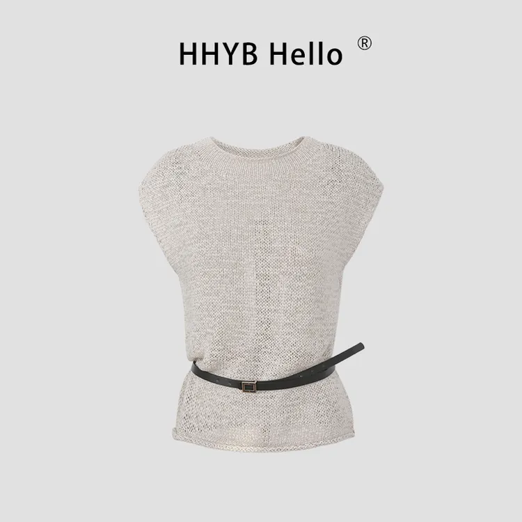 HHYB Hello2025夏新款高级感设计感镂空短袖针织衫（含腰带）M1187