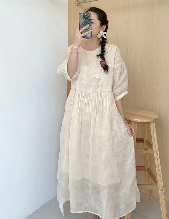 时尚文艺复古圆领苎麻短袖长裙
