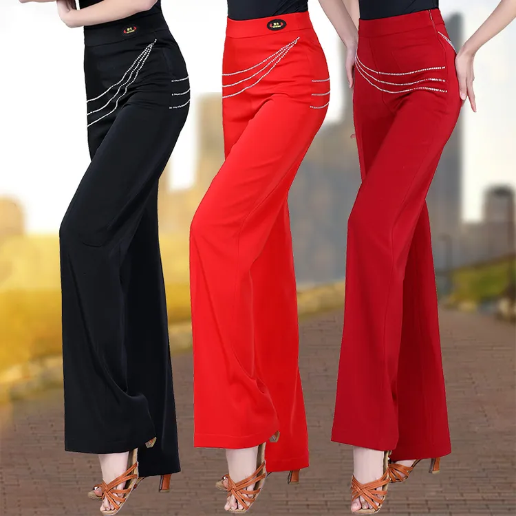 春秋新款女高档摩登舞显瘦高腰交谊舞阔腿裤跳舞拉丁直筒长裤舞裤