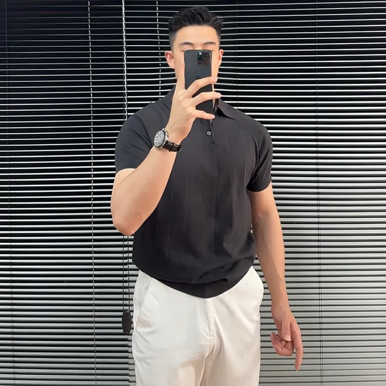 纯棉高品质短袖Polo衫夏季男装薄款针织纯色透气条纹简约翻领T恤