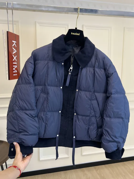 高端欧货冬季新款洋气别致拼接翻领拉链宽松假两件羽绒服短外套女
