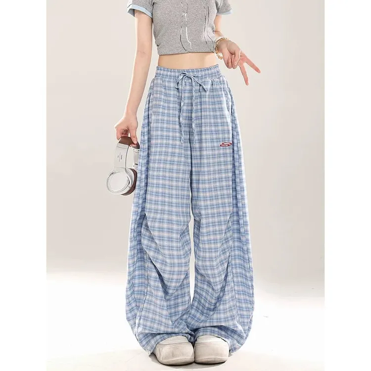 松弛感复古弯刀格子裤女夏季薄款宽松慵懒风炸街美式拖地阔腿裤子
