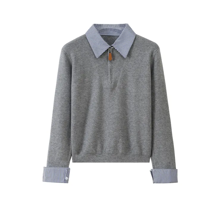 韩系2025秋季新款韩版设计感小众拼接撞色假两件拉链针织衫女打底