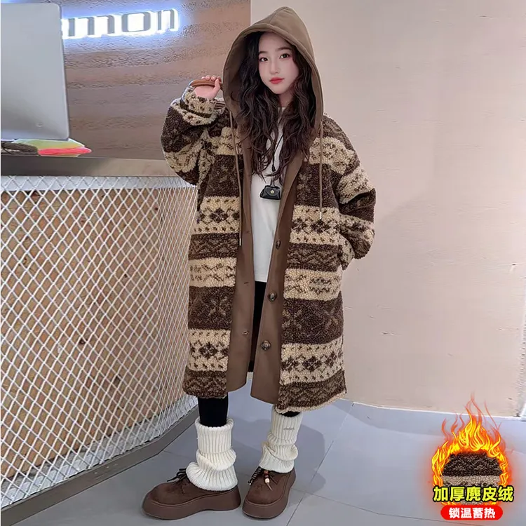 女童皮毛一体外套复古学院风加厚保暖中长款连帽大衣2025冬中大童