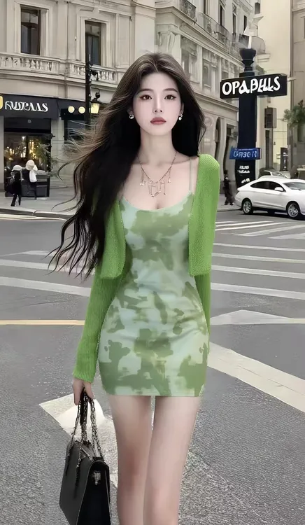 绿色吊带U领修身收腰包臀连衣裙女+百搭长袖绿色开衫氛围感穿搭