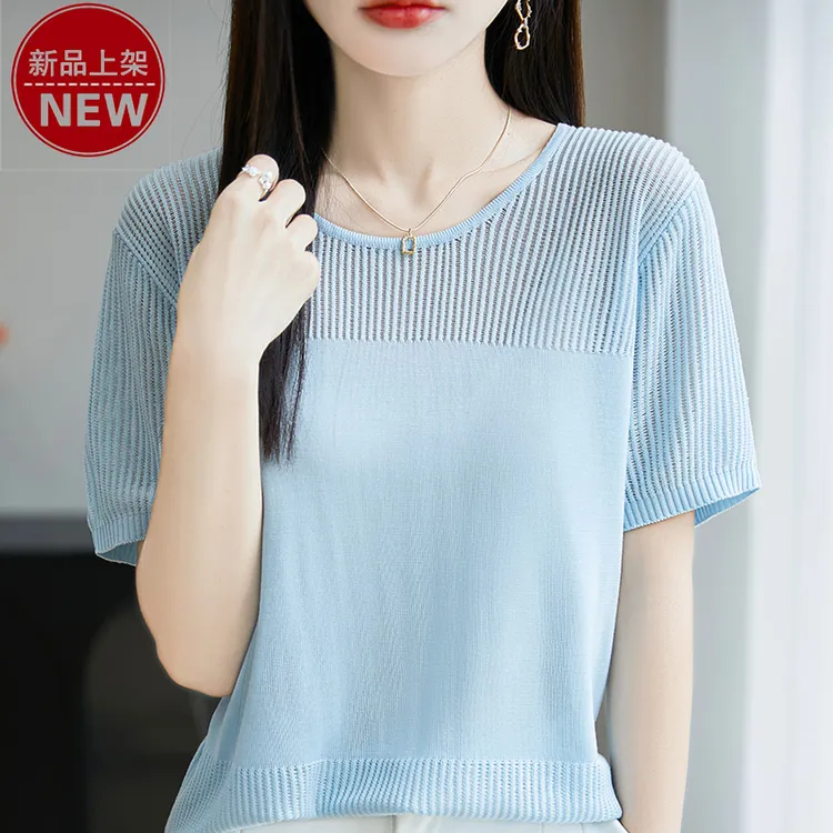 哥弟阿玛施正品时尚圆领重工挑孔薄款镂空气质短袖休闲百搭针织衫