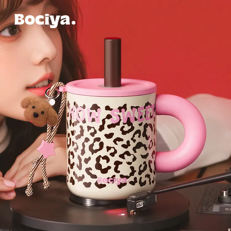 bociya桌面保温杯女士高颜值水杯2025新款豹纹杯办公室吸管杯子