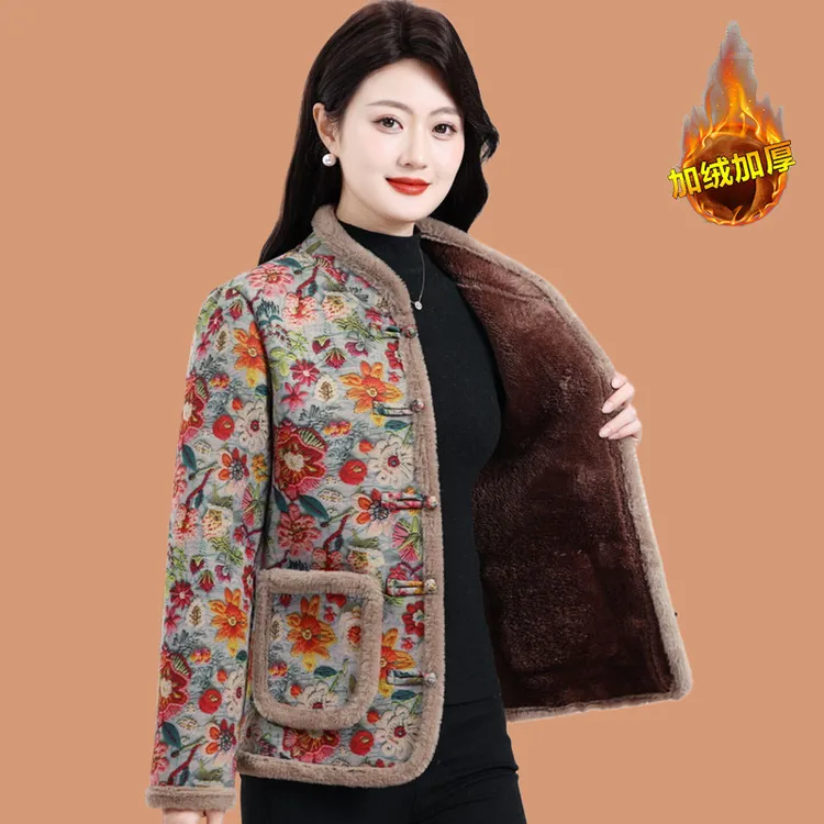 妈妈冬装加绒棉衣保暖外套大码中老年女装秋冬加厚棉服花色小棉袄