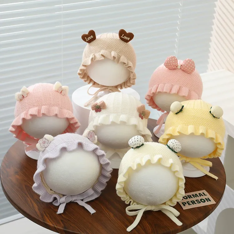 婴儿帽子秋冬季公主针织帽女宝宝冬天保暖护耳毛线帽新生儿宫廷帽