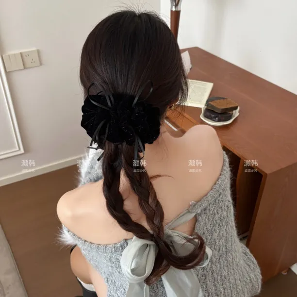 细闪云朵～复古丝绒香蕉夹织带蝴蝶结设计感云朵褶皱泡泡香蕉夹