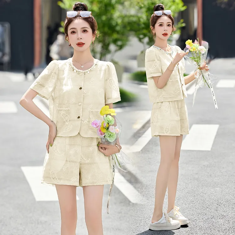法式小香风亮片拼接套装女2025夏季新款洋气减龄小个子短裤两件套