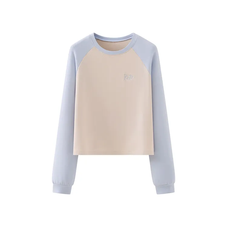 减龄休闲风圆领插肩袖撞色长袖T恤女宽松显瘦套头打底衫