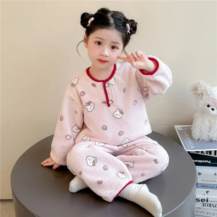 儿童法兰绒睡衣套装秋冬季6岁女童宝宝保暖薄款珊瑚绒3女孩家居服