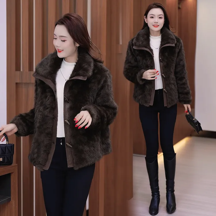 时尚洋气皮外套女2025冬季新款韩版宽松显瘦加绒加厚毛绒大衣上衣