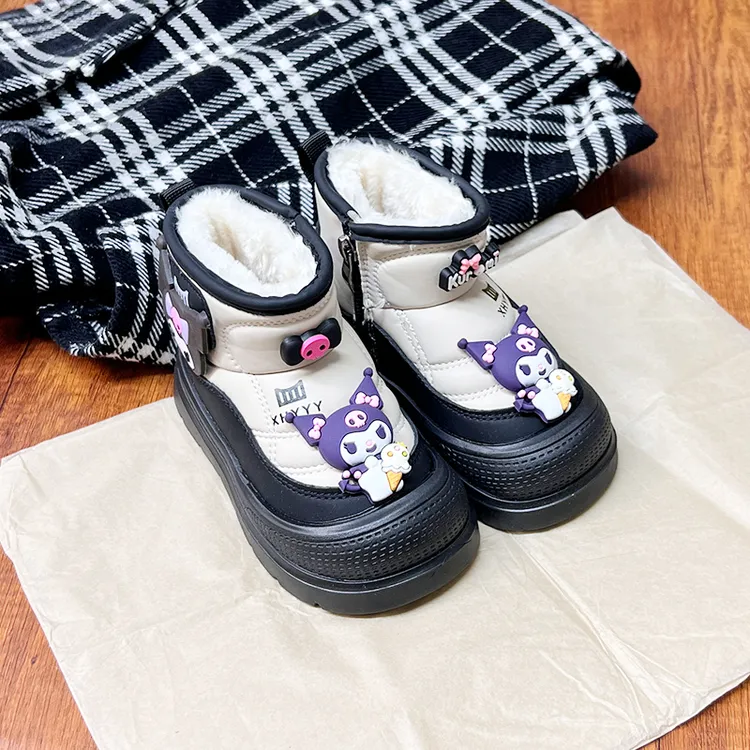 冬季加绒加厚2025新款库洛米儿童女雪地靴休闲靴子棉鞋皮面防滑鞋