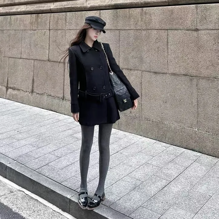 黑色毛呢外套女冬季羊毛大衣双排扣中长款翻领宽松复古上衣1025NO