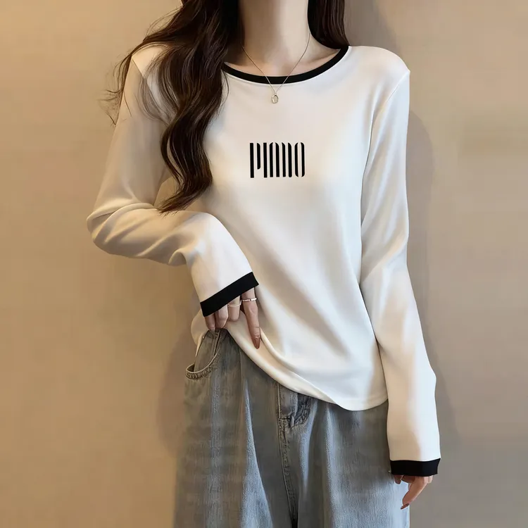 设计感撞色显瘦韩系春秋高级感新款秋冬圆领长袖t恤女打底衫上衣