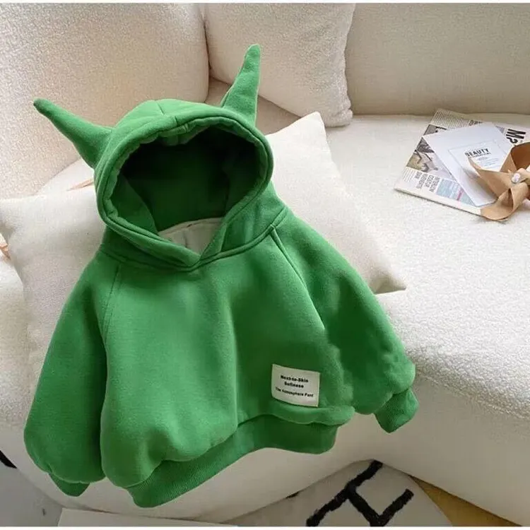 男女童牛角加绒加厚冬季洋气连帽卫衣男宝宝绿色帽衫宽松纯色上衣