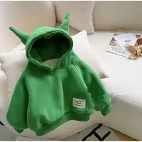 男女童牛角加绒加厚冬季洋气连帽卫衣男宝宝绿色帽衫宽松纯色上衣