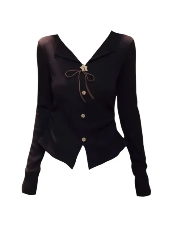 Amy家 微胖mm设计感蝴蝶结v领长袖T恤女2025秋季修身显瘦针织上衣