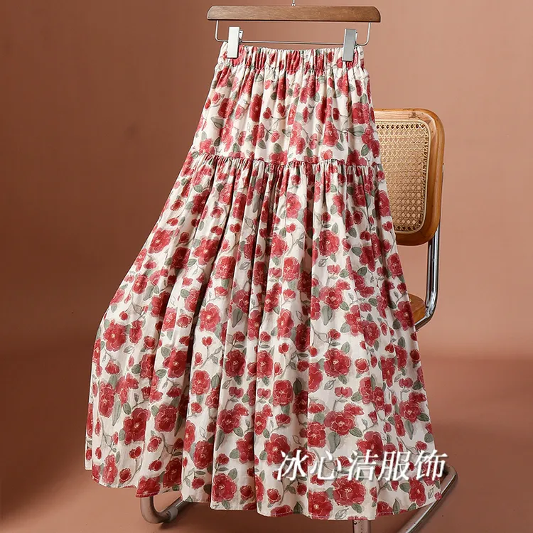 红色碎花A字大摆半身裙棉女夏季2025新款森系中长款裙子花裙长裙