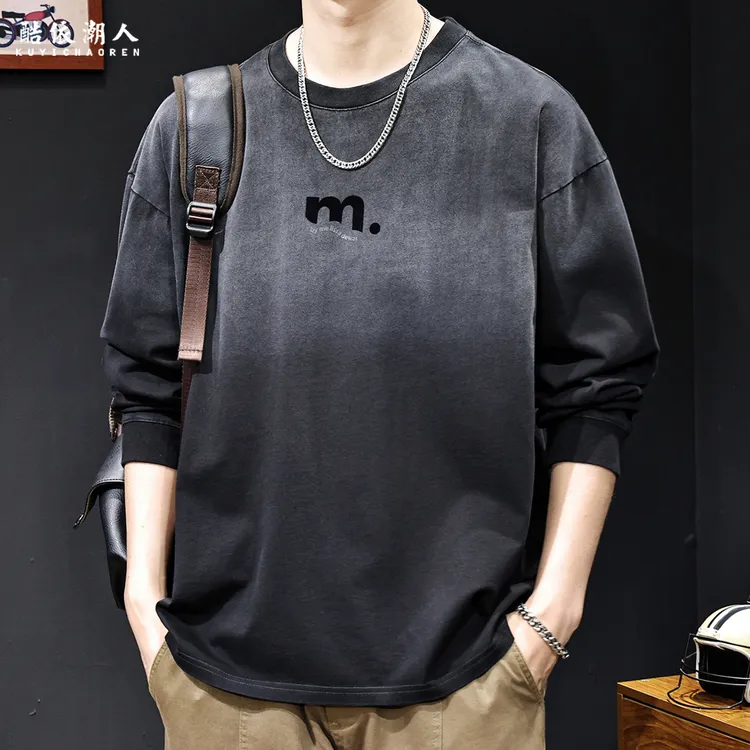 美式潮牌怀旧渐变纯棉长袖T恤男长袖2025新款春秋季宽松大码高端