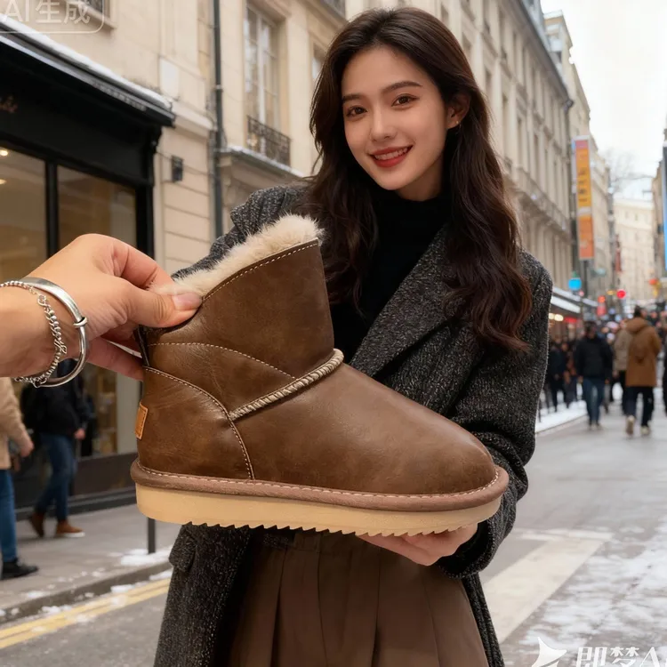 防水雪地靴女短筒加绒保暖厚底皮毛一体棉鞋日本真皮休闲时尚加厚