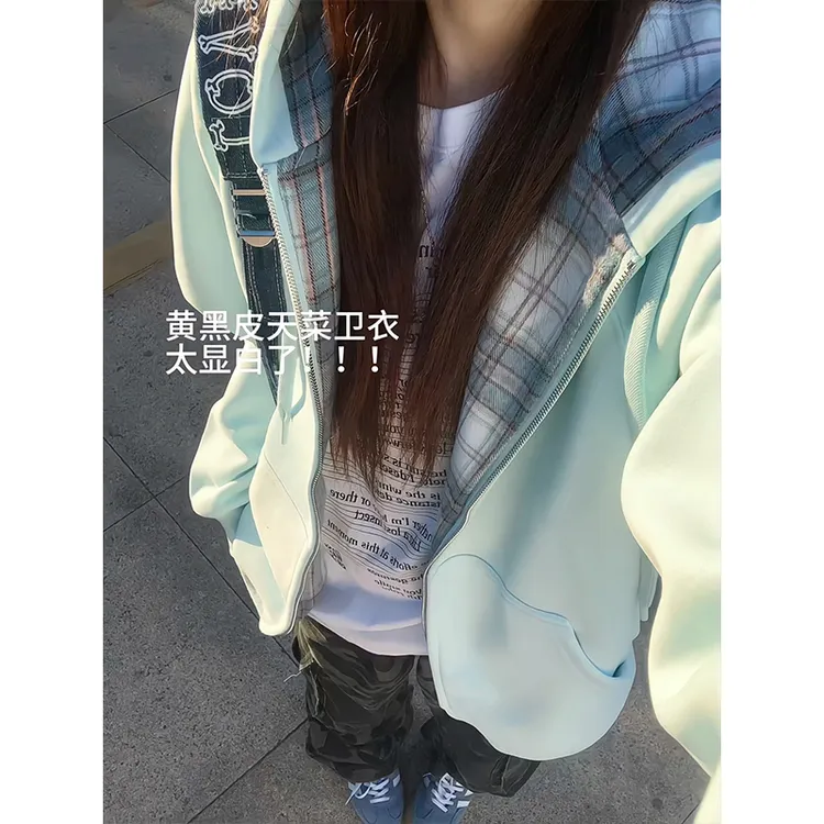 美式vintage重磅连帽卫衣女款秋季ins慵懒风格纹开衫外套宽松上衣