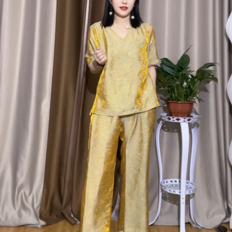 夏季高端七彩琉璃纱重工五分袖套装