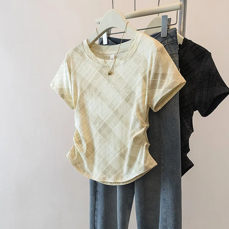 yoewshean/羽媗夏季微胖mm简约格纹印花圆领短袖t恤薄纱褶皱修身