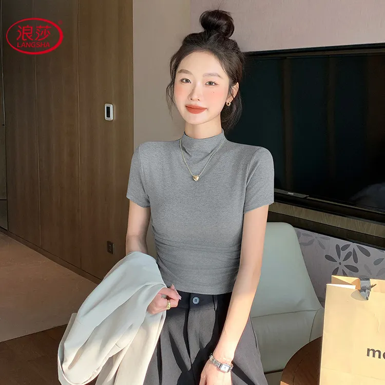 浪莎半高领褶皱纯色短袖夏季新款别致洋气女装小个子修身百搭上衣