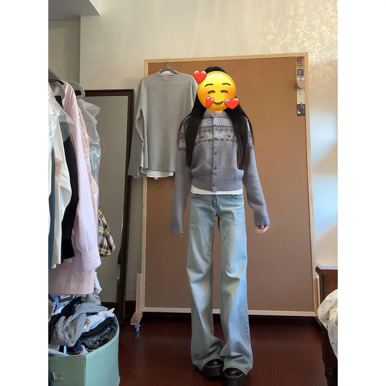 圆领针织开衫2025百搭慵懒风毛衣外套上衣浅蓝色牛仔裤拖地长裤女