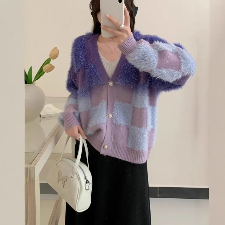 渐变色仿水貂绒针织开衫春季新款设计感软糯小香风毛衣外套女