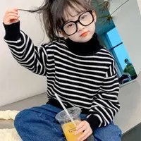 新款男女童百搭条纹高领加厚一体绒毛衣长袖韩版套头秋冬