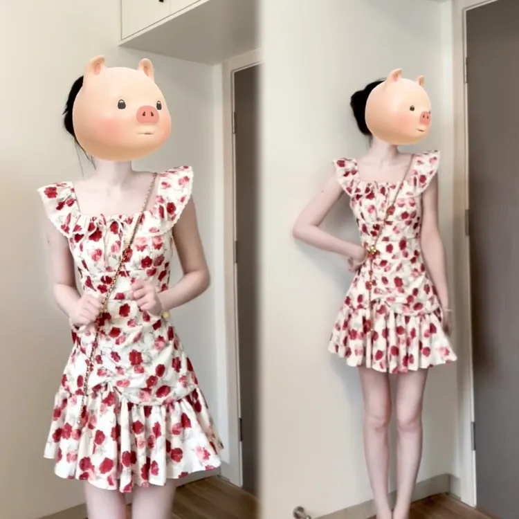 大码女装度假巨显白复古红碎花收腰飞袖连衣裙