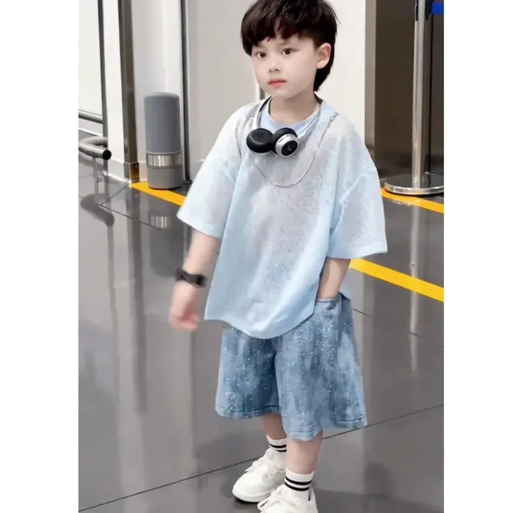 【品牌】男童中大童夏季新款韩版2025时尚洋气短袖短裤凉爽两件套装