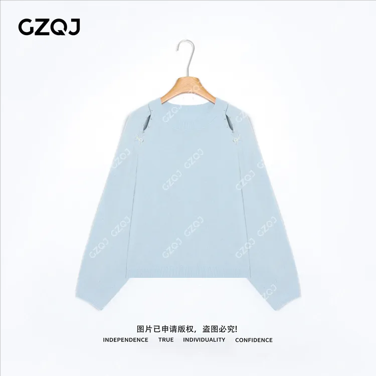 老琴私服【甜梦蓝蝶】琥珀流光风绵羊毛羊绒蝴蝶结针织毛衣女71130