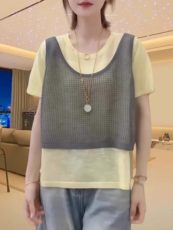 2025夏季新款韩版百搭修身网眼镂空圆领短袖针织真两件套8023上衣