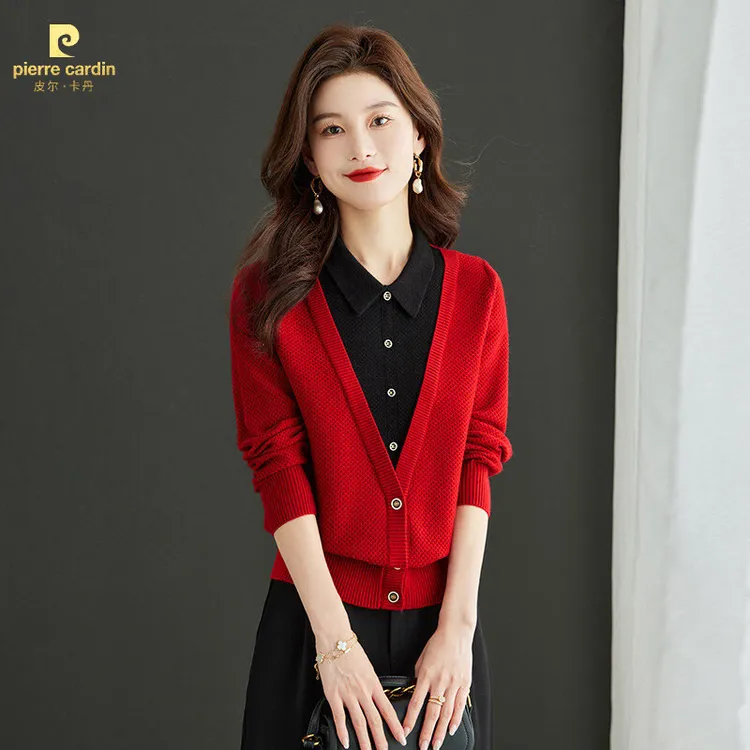 皮尔卡丹秋季娃娃领假两件套毛衣女短款宽松洋气减龄针织打底衫网