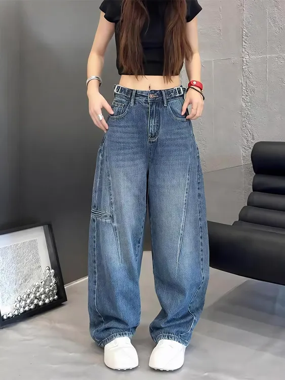 美式松弛感阔腿牛仔裤女大码秋季新款高腰宽松显瘦可调节腰弯刀裤