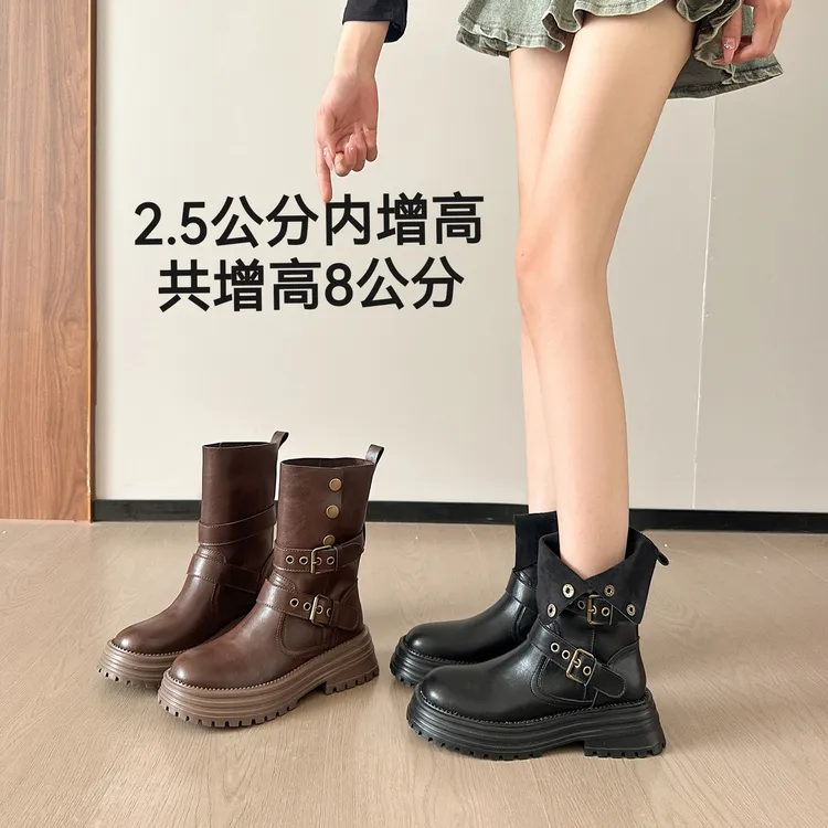 2025春秋新款英伦风复古翻折两穿厚底马丁靴女款圆头皮带扣中筒靴
