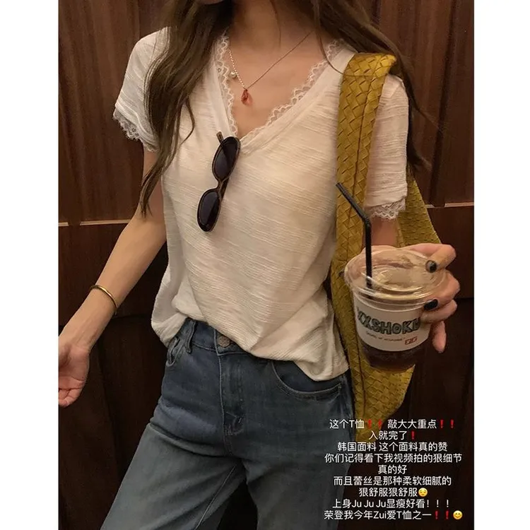 拉夏贝尔蕾丝花边正肩短袖T恤女韩版修身纯色显瘦秋季设计感上衣