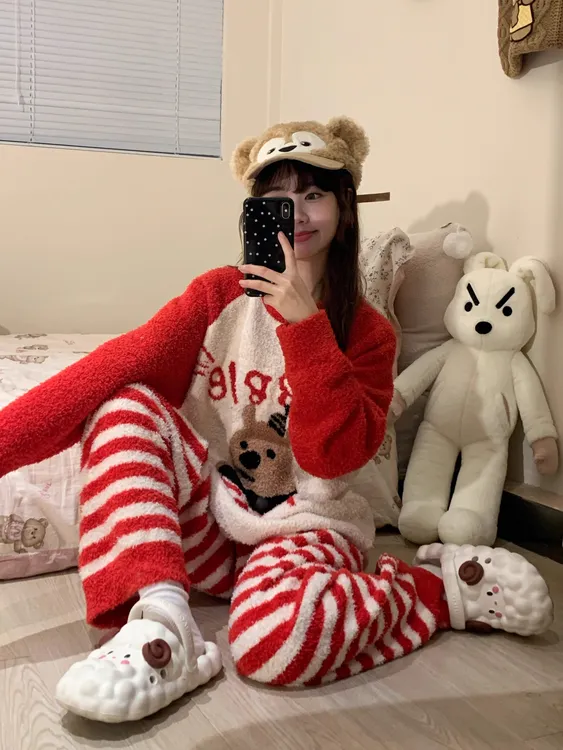 韩版甜美小熊针织半边绒睡衣女冬季加厚保暖毛绒家居服大码套装女
