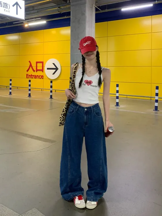 复古蓝弯刀直筒牛仔裤女夏季宽松时尚高腰休闲拖地阔腿裤子