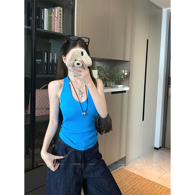 性感美背蓝色v领挂脖背心女夏季修身内搭辣妹风外穿短款针织上衣