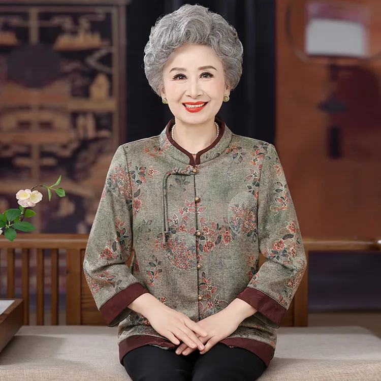 老年人秋装新中式衬衫女奶奶衣服春秋妈妈薄外套老人老太太衬衣