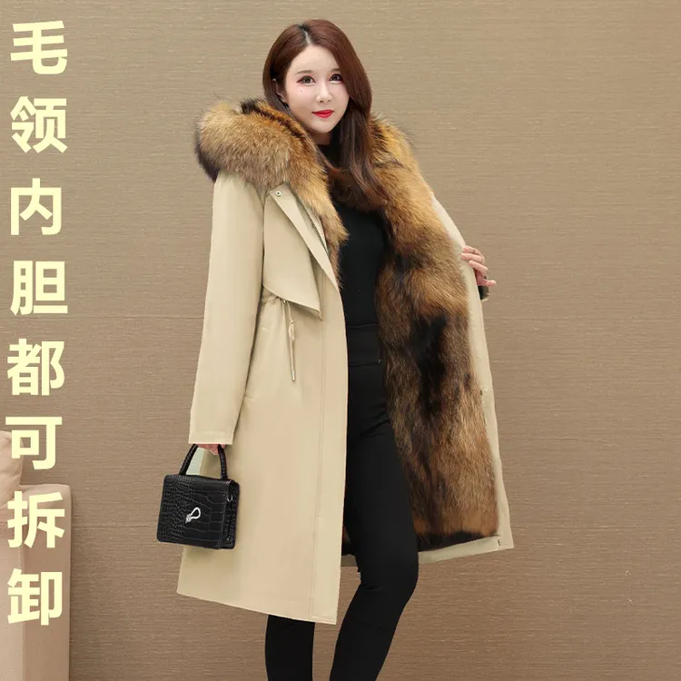 海宁派克服女2025新款可拆卸冬皮毛一体长款大衣加绒加厚皮草