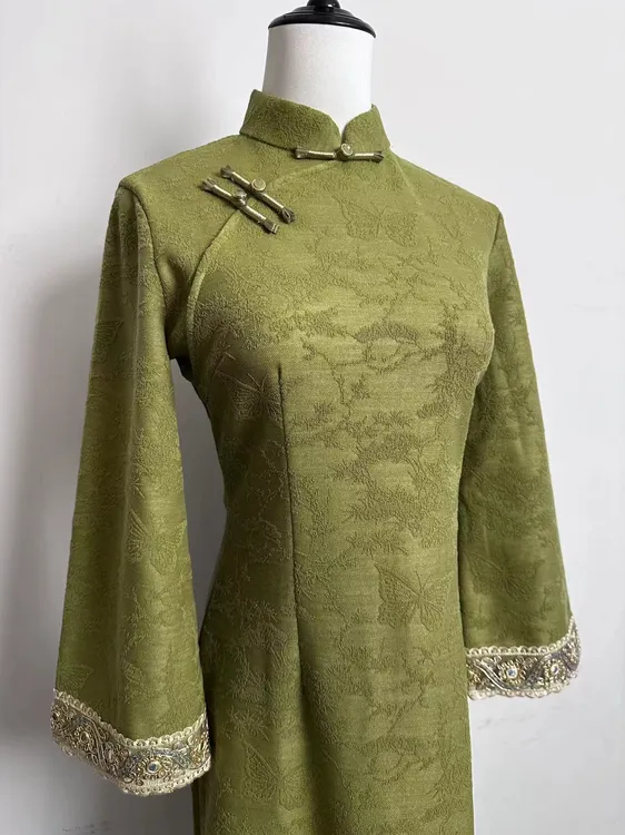 【0074亦春】浅绿色改良后拉链春秋微胖时尚旗袍女款长约125cmS-3XL