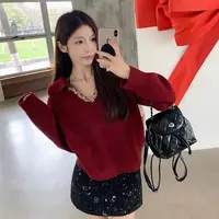 2216高级感重工编织翻领针织毛衣女新款韩版宽松慵懒气质长袖上衣