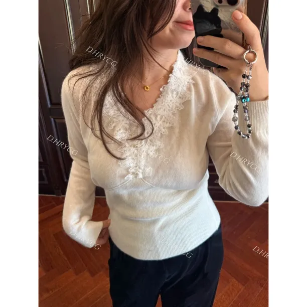 D.HRYCG【段段】蕾丝V领羊绒羊驼羊毛混纺收腰毛衣